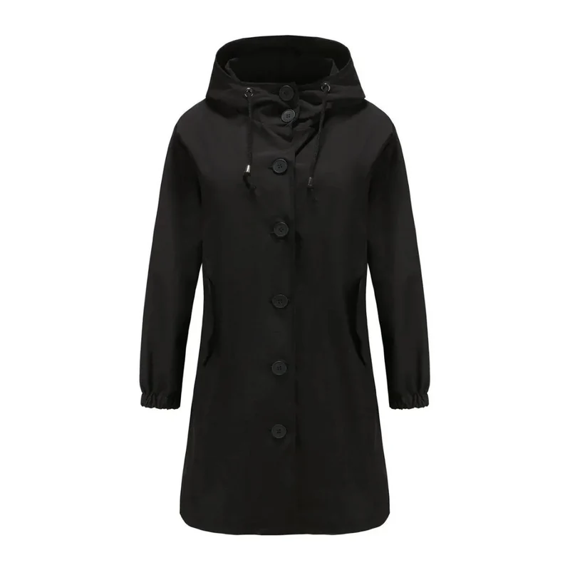 Karoline | Damen Regenjacke Wasserdicht mit Kapuze, Langer Mantel mit Taschen und Knöpfen