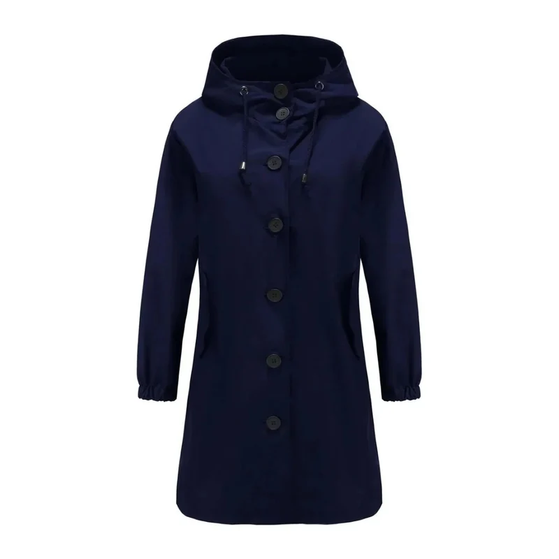 Karoline | Damen Regenjacke Wasserdicht mit Kapuze, Langer Mantel mit Taschen und Knöpfen