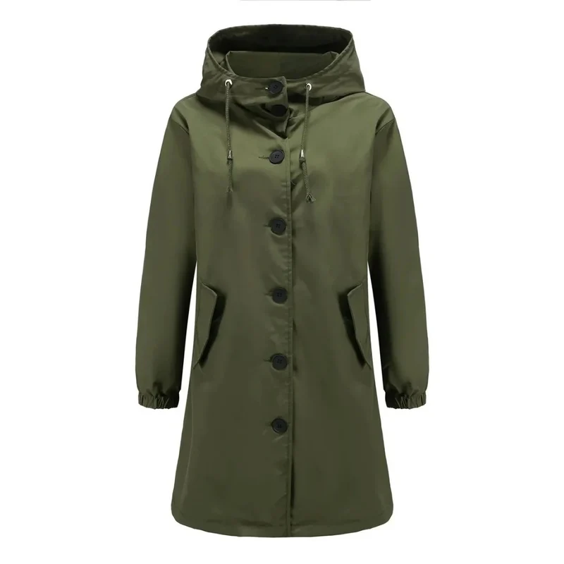 Karoline | Damen Regenjacke Wasserdicht mit Kapuze, Langer Mantel mit Taschen und Knöpfen