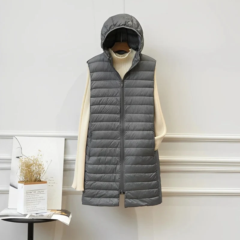 Gerda | Damen Steppjacke mit Kapuze, Lange Weste und Reißverschluss