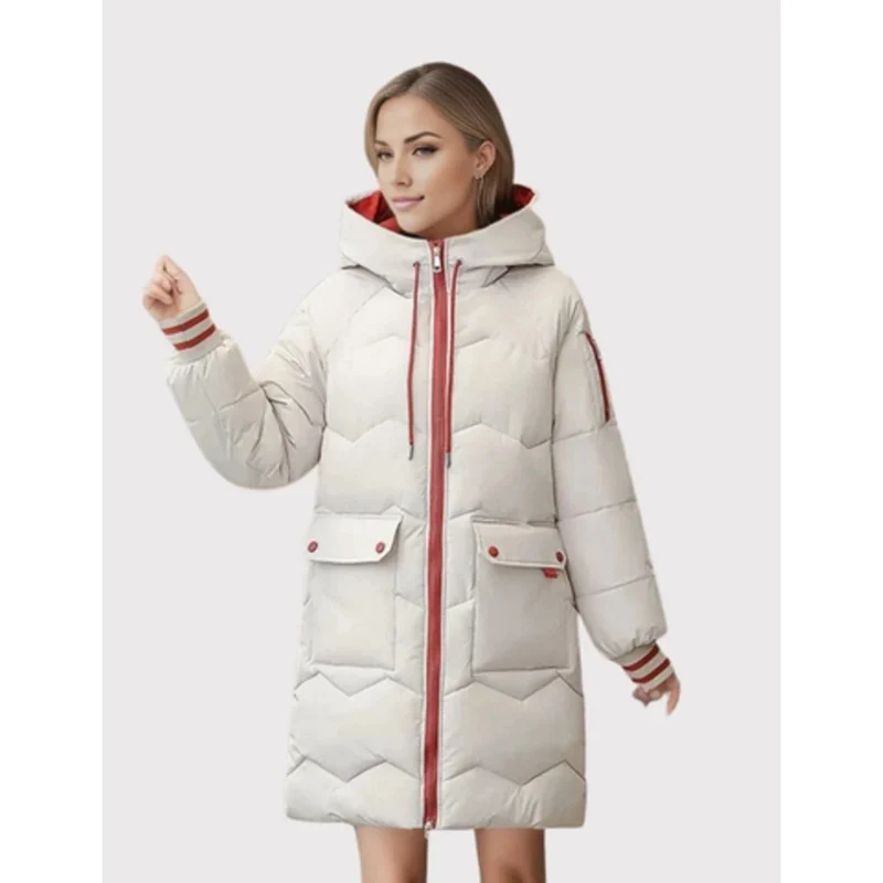 Margarete | Damen Winterjacke mit Kapuze, Langer Stepp Optik und Reißverschluss