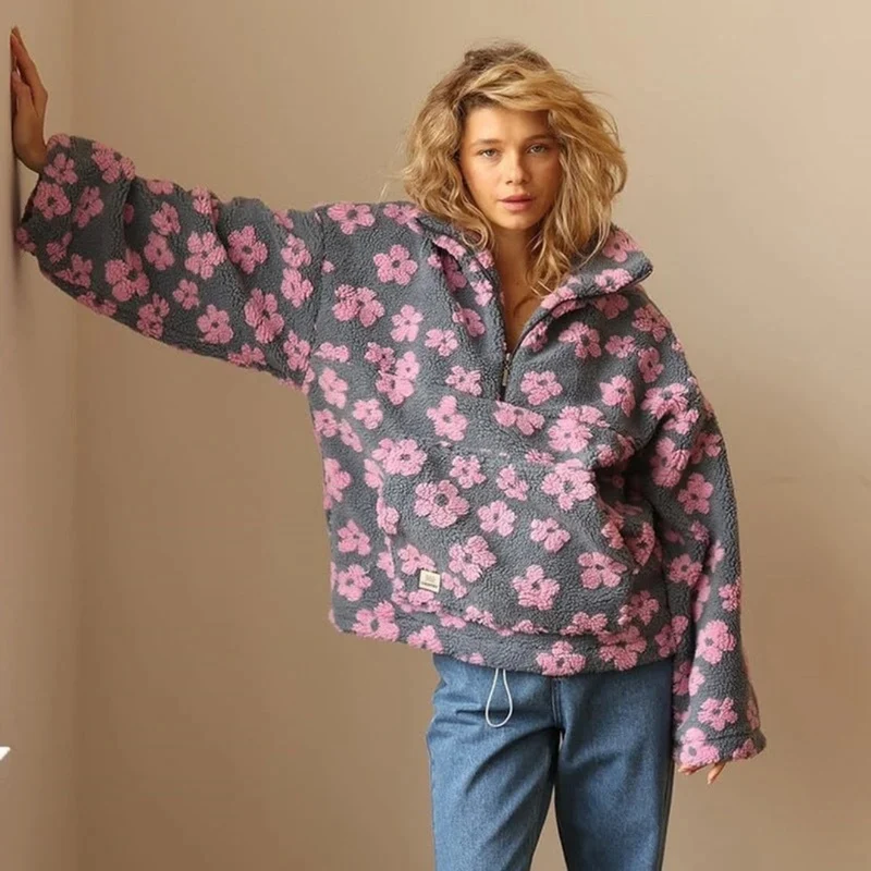Marlene | Damen Pullover mit Blumen und Reißverschluss
