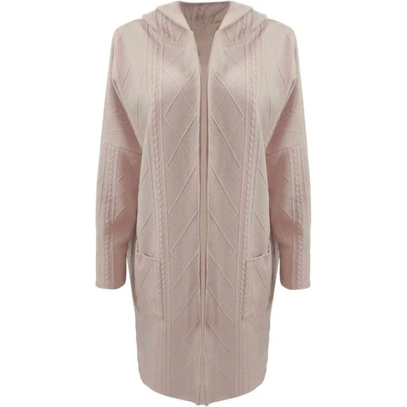 Gertrud | Damen Strickjacke mit Kapuze, Langer Strickmantel mit Strickmuster und Grober Strick Optik