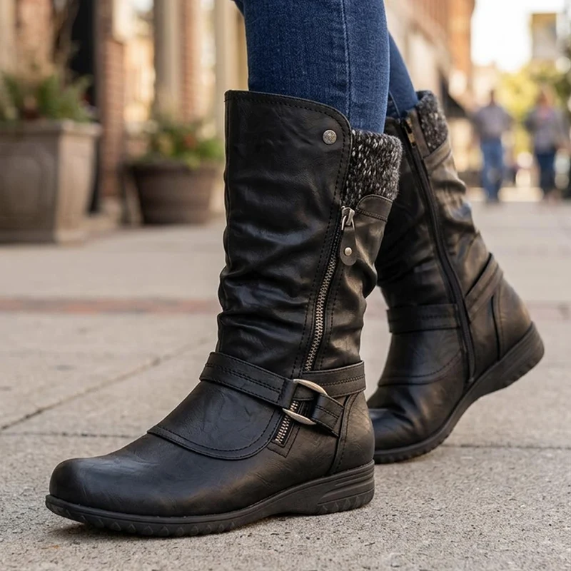 Wide Fit Knitted Cuff Zipped Slouch Boots - WBINS44079 / 329 798 - Black