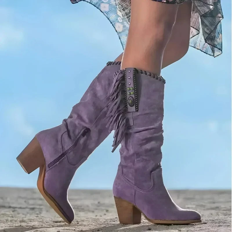 Rosalie | Damen Orthopädische Cowboy Stiefel mit Fransen Design und Wildleder Optik