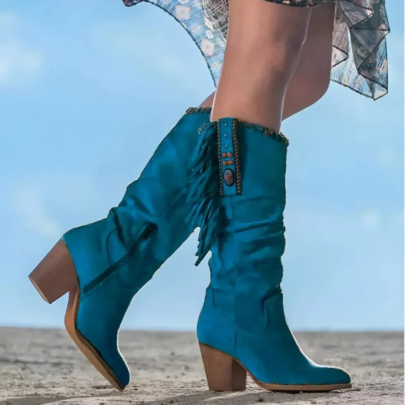 Rosalie | Damen Orthopädische Cowboy Stiefel mit Fransen Design und Wildleder Optik