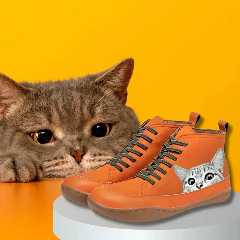 Yvonne | Damen Orthopädische Stiefeletten mit Katzen Muster und Schnürsenkel Design