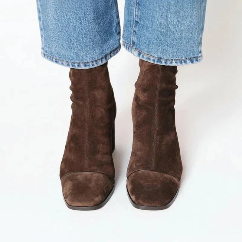 Camilla | Damen Braune Orthopädische Stiefeletten mit Komfort Absatz und Quadratischer Spitze