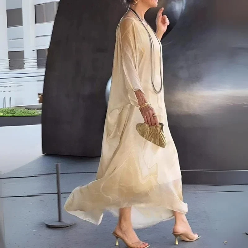 Elodie | Damen Langarm Maxikleid mit Marmor Muster und Kaftan Stil
