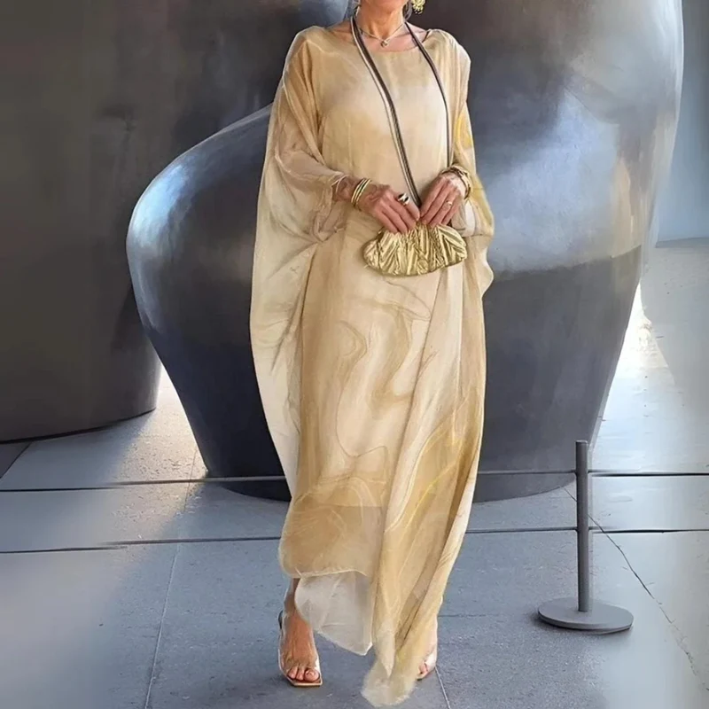 Elodie | Damen Langarm Maxikleid mit Marmor Muster und Kaftan Stil