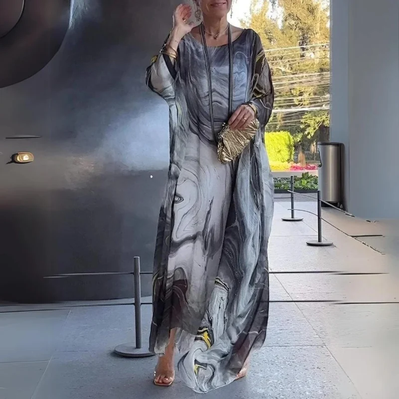 Elodie | Damen Langarm Maxikleid mit Marmor Muster und Kaftan Stil