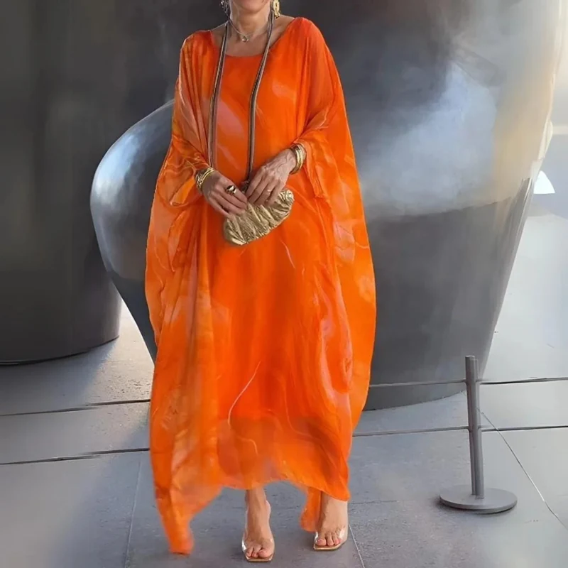Elodie | Damen Langarm Maxikleid mit Marmor Muster und Kaftan Stil