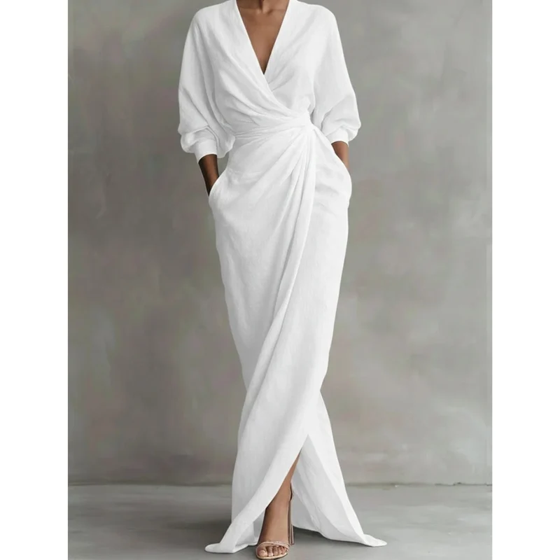 Valeria | Damen Langarm Maxikleid mit V Ausschnitt und Besonderem Schnitt