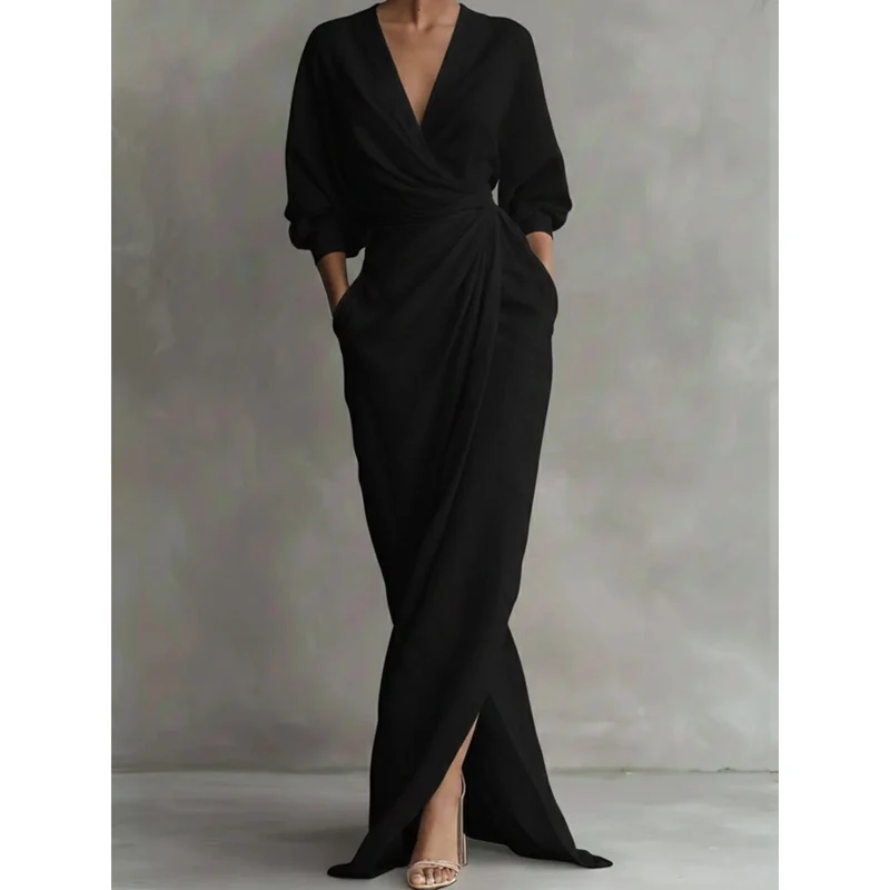 Valeria | Damen Langarm Maxikleid mit V Ausschnitt und Besonderem Schnitt