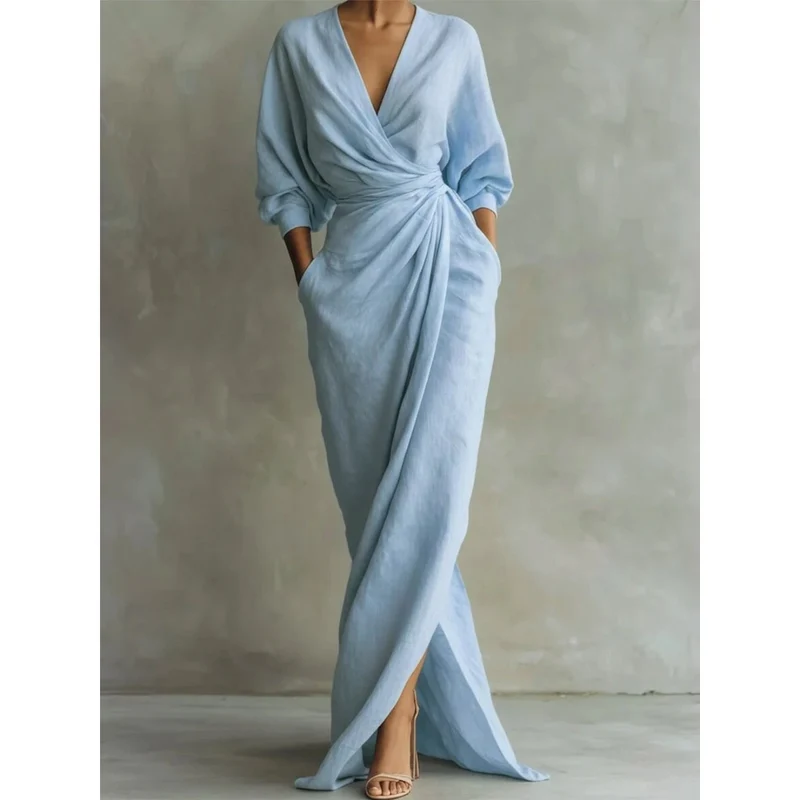 Valeria | Damen Langarm Maxikleid mit V Ausschnitt und Besonderem Schnitt