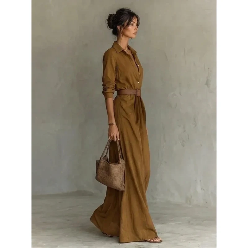 Fiona | Damen Langarm Maxikleid mit Knöpfen und Taillengürtel
