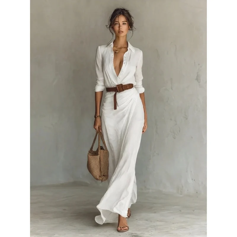 Fiona | Damen Langarm Maxikleid mit Knöpfen und Taillengürtel