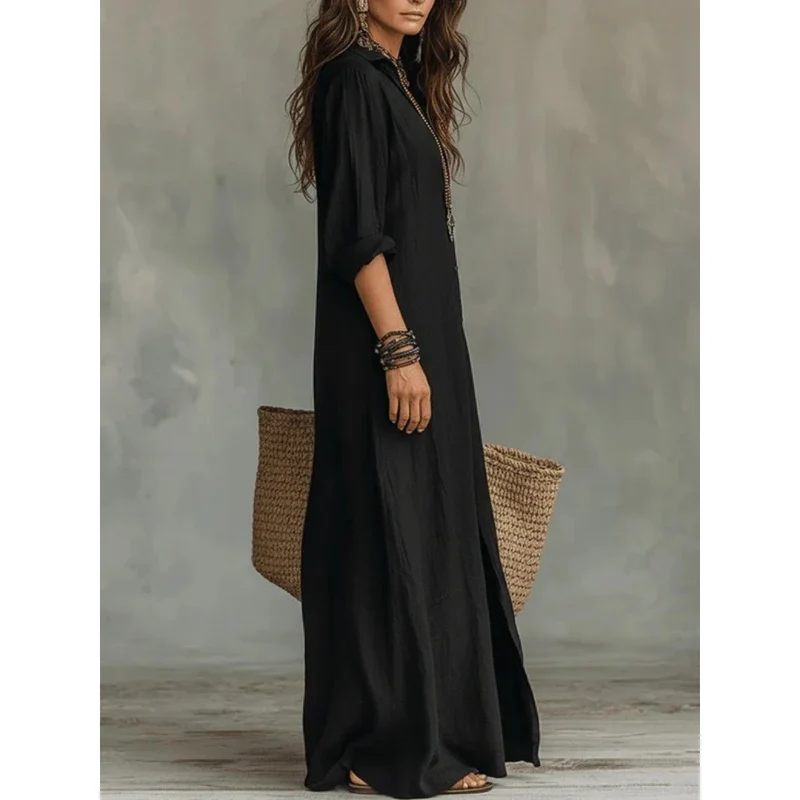 Bianca | Damen Langarm Maxikleid mit Kragen und Knöpfen