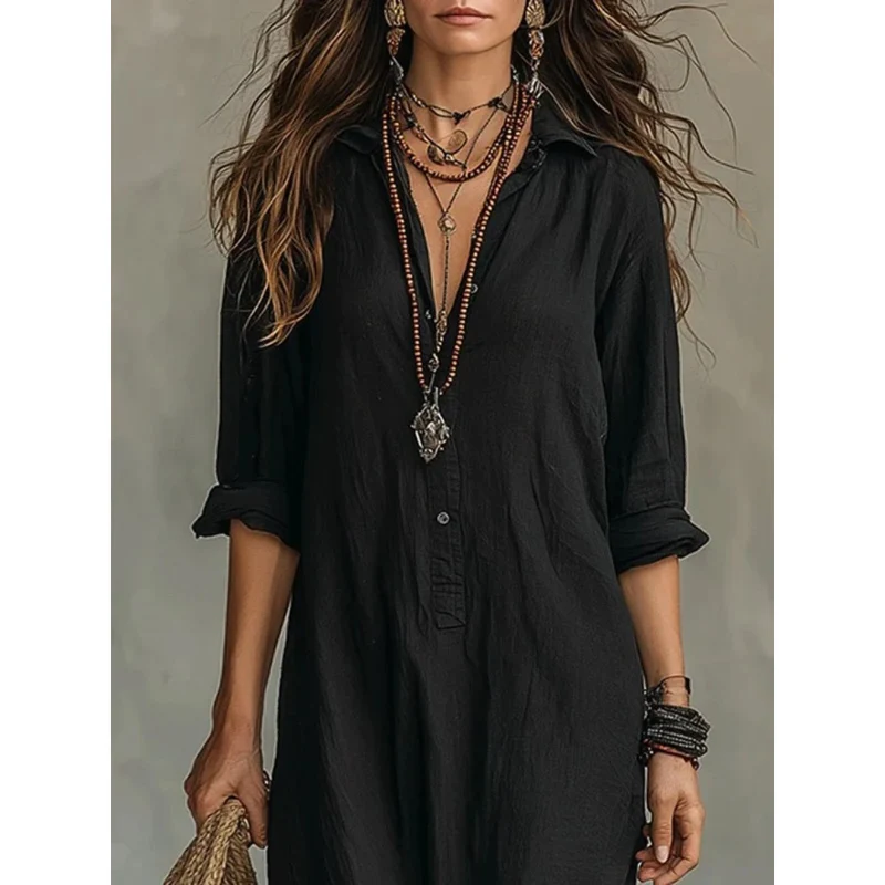 Bianca | Damen Langarm Maxikleid mit Kragen und Knöpfen