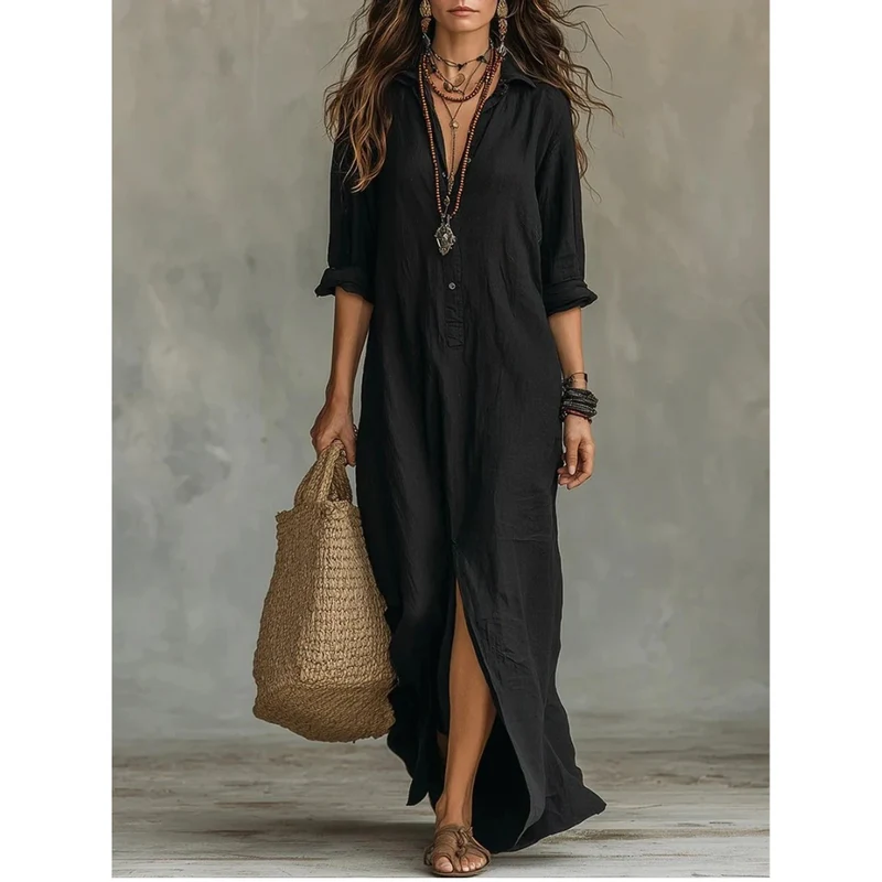 Bianca | Damen Langarm Maxikleid mit Kragen und Knöpfen