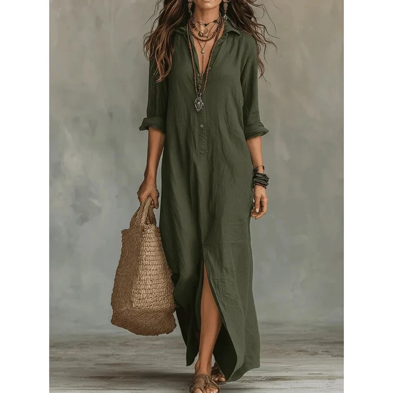 Bianca | Damen Langarm Maxikleid mit Kragen und Knöpfen