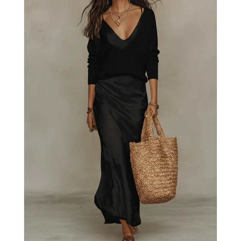 Aurelia | Damen Langarm Maxikleid mit Pullover und Satin Rock