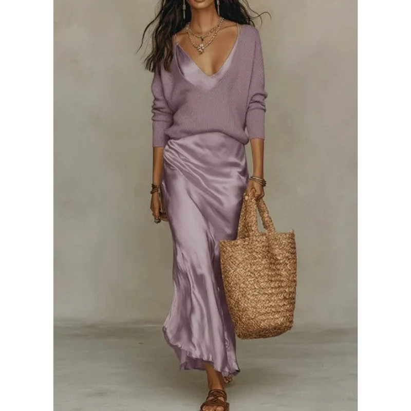 Aurelia | Damen Langarm Maxikleid mit Pullover und Satin Rock