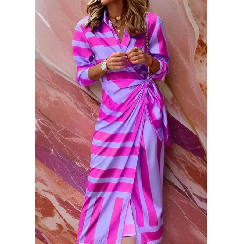 Selina | Damen Langarm Maxikleid mit Streifen und V Ausschnitt