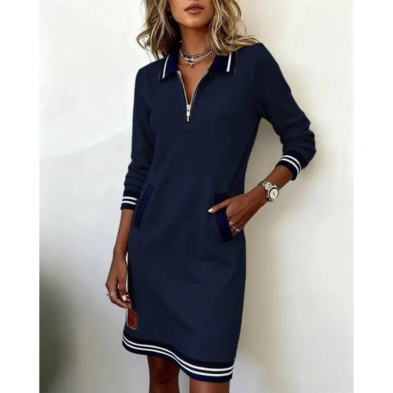 Mara | Damen Langarm Midikleid mit Kragen und Taschen