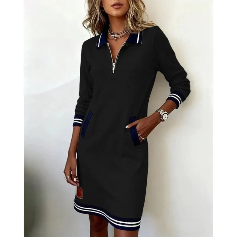 Mara | Damen Langarm Midikleid mit Kragen und Taschen