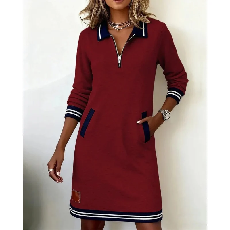Mara | Damen Langarm Midikleid mit Kragen und Taschen