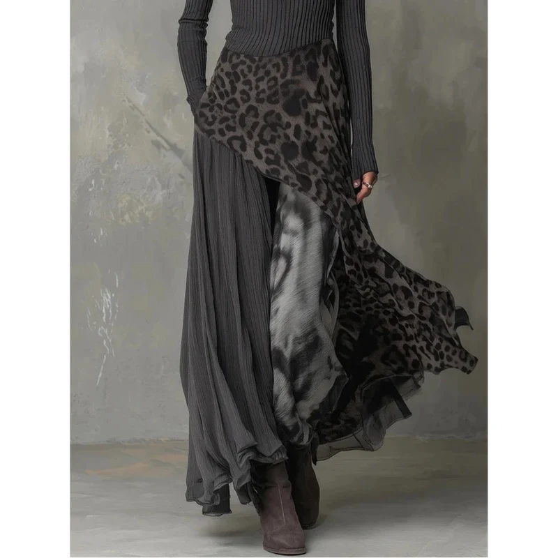 Alina | Damen Grau Langarm Maxikleid mit Muster