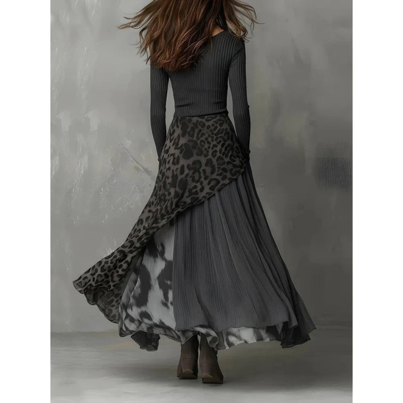 Alina | Damen Grau Langarm Maxikleid mit Muster