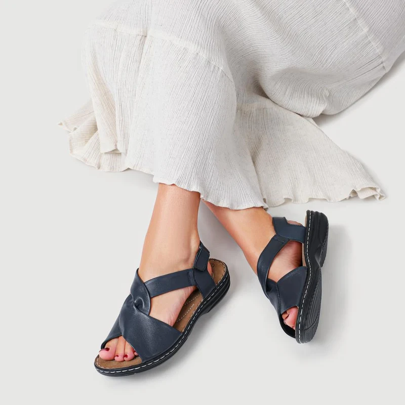 Casual Leather Touch-Fasten Sandals - KF41006 / 327 491 - Navy