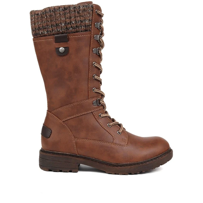 Lace-Up Knitted Cuff Calf Boots - BRK38009 / 324 531 - Tan