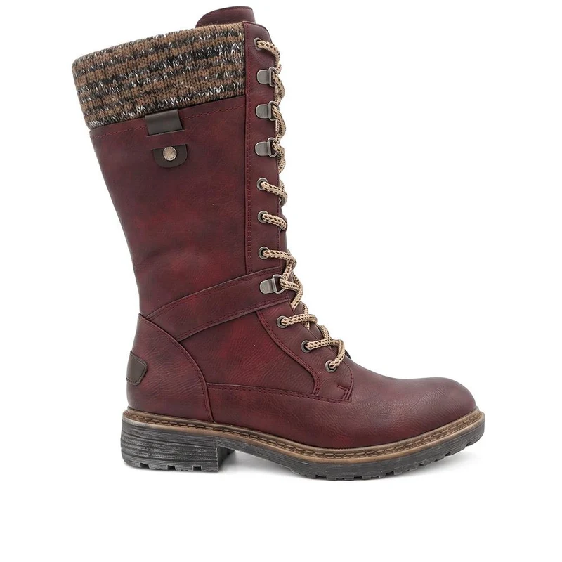 Lace-Up Knitted Cuff Calf Boots - BRK38009 / 324 531 - Burgundy