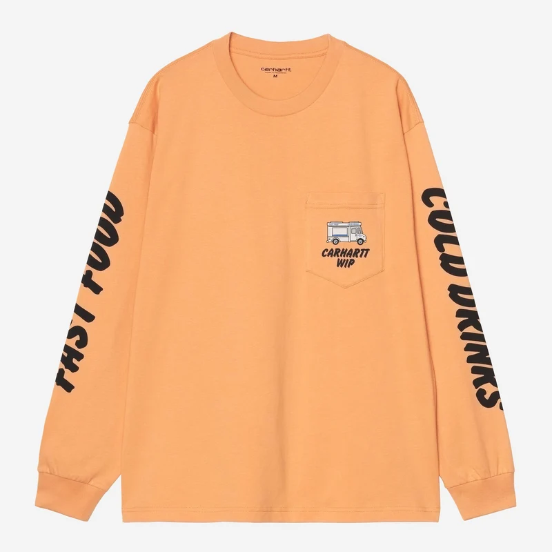 Carhartt WIP Herren-Langarmshirt mit Aufdruck „Kalte Getränke“ | Sanftes Orange