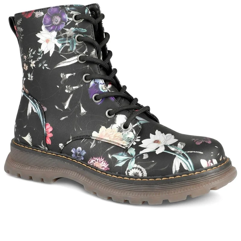Floral Pattern Lace Up Ankle Boots - LECHE44010 / 329 753
