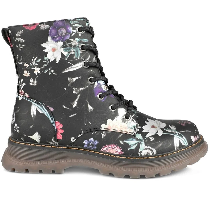 Floral Pattern Lace Up Ankle Boots - LECHE44010 / 329 753 - Black Floral