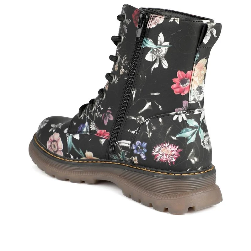 Floral Pattern Lace Up Ankle Boots - LECHE44010 / 329 753 - Black Floral