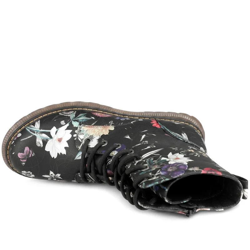 Floral Pattern Lace Up Ankle Boots - LECHE44010 / 329 753 - Black Floral