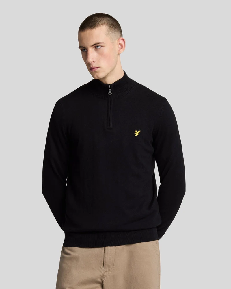 Lyle & Scott Herren-Pullover aus Baumwollmerino mit 1/4-Reißverschluss | Tiefschwarz