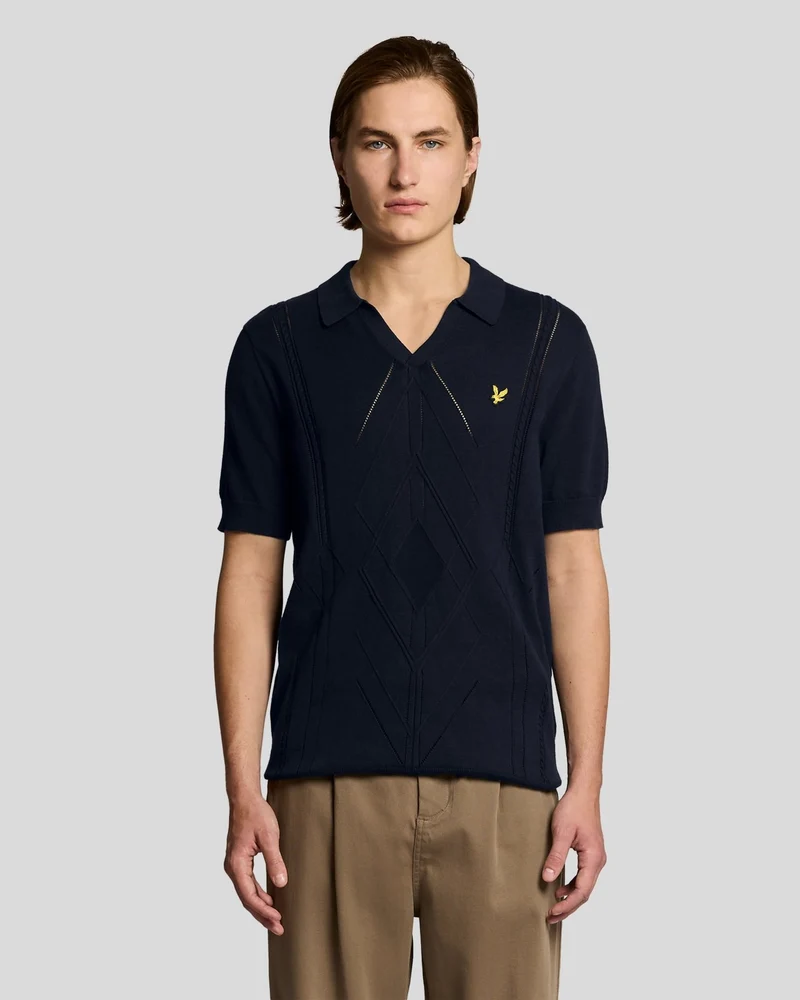 Lyle & Scott Herren-Poloshirt mit offenem Kragen und Argyle-Strickmuster | Dunkelblau