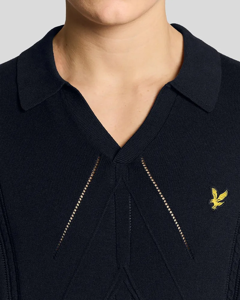 Lyle & Scott Herren-Poloshirt mit offenem Kragen und Argyle-Strickmuster | Dunkelblau