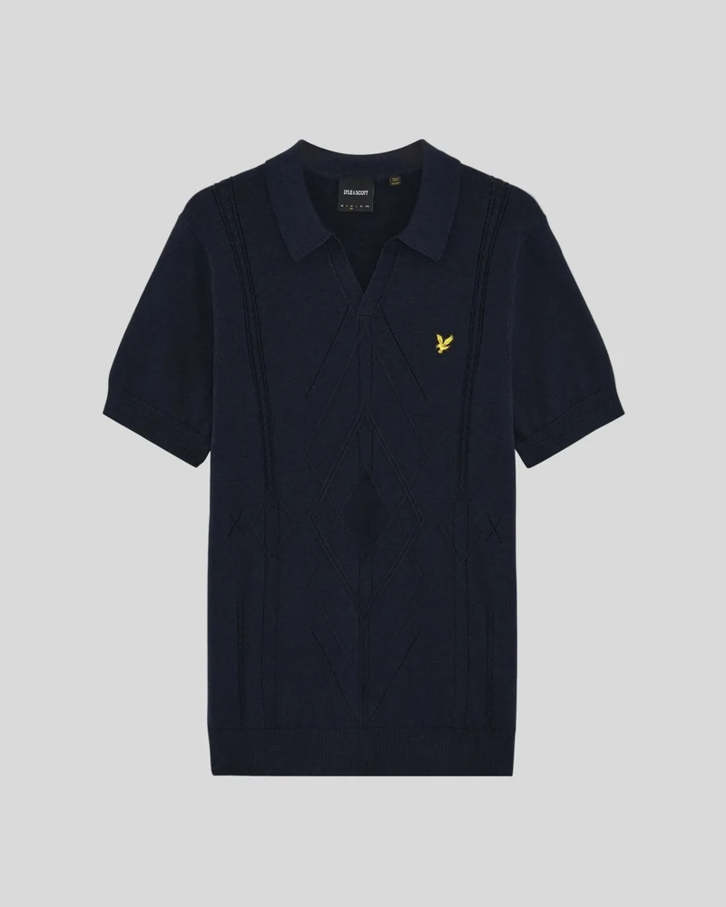 Lyle & Scott Herren-Poloshirt mit offenem Kragen und Argyle-Strickmuster | Dunkelblau