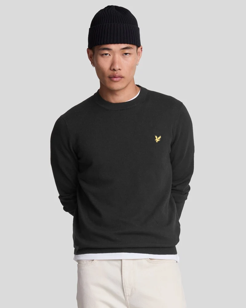 Lyle & Scott Herren-Pullover aus Baumwollmerino mit Rundhalsausschnitt | Tiefschwarz