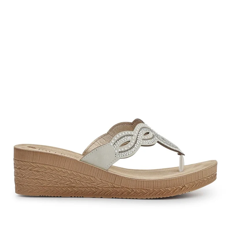 Embellished Wedge Toe Post Sandals - INB41026 / 327 353 - Beige