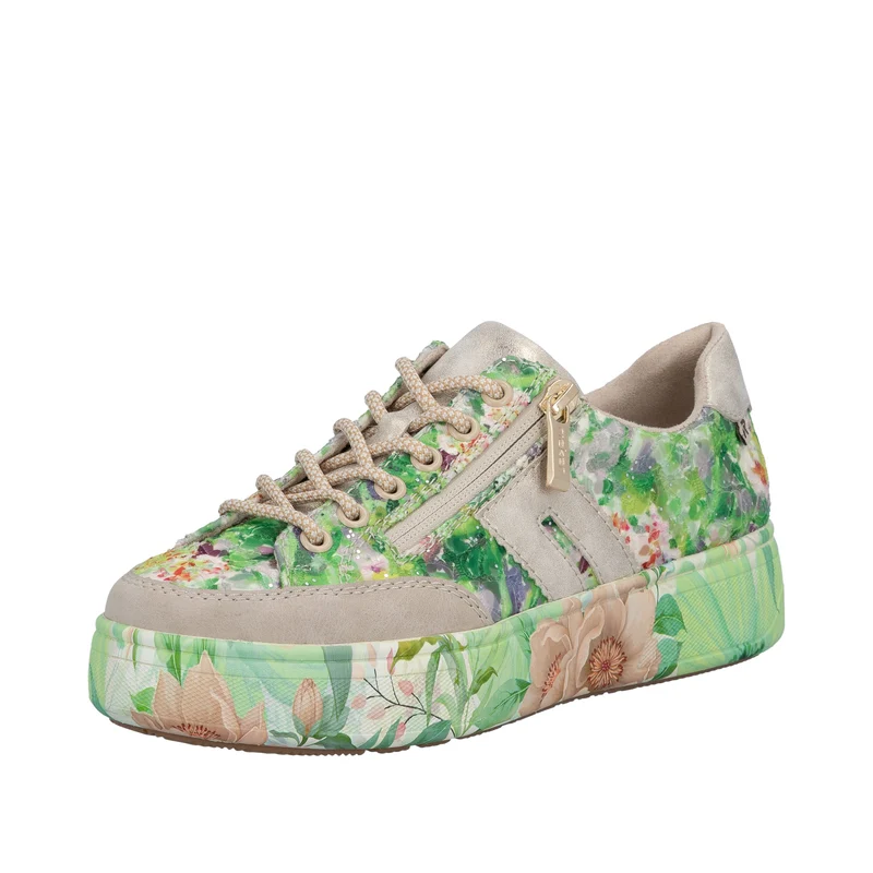 Rieker Damen-Plateau-Sneaker | Grün mit Blumenmuster