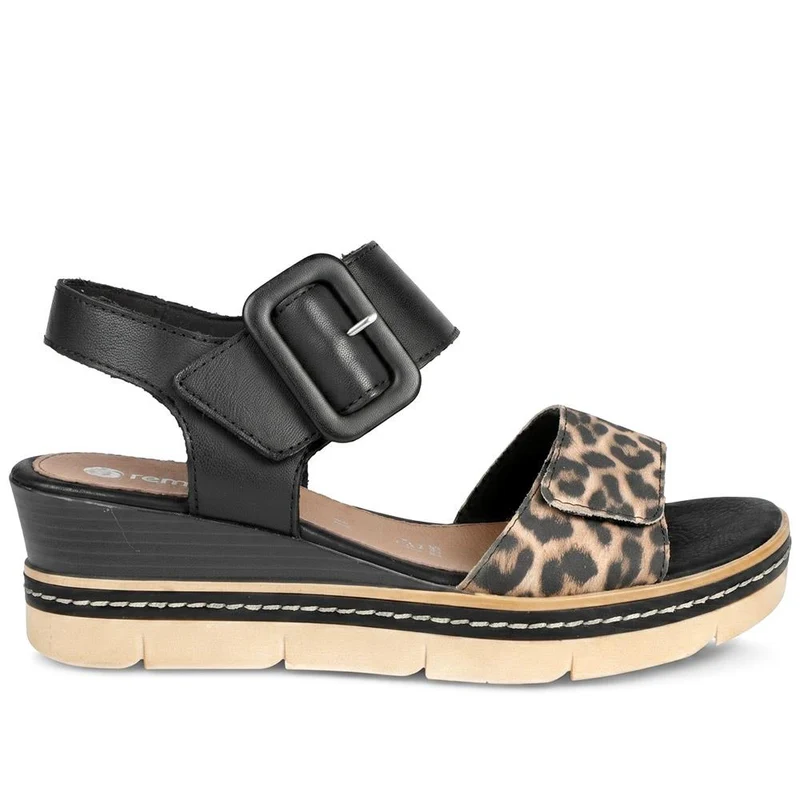 Remonte Dual Fasten Leather Wedge Heel Sandals - DRS43512 / 329 363 - Black-Leopard