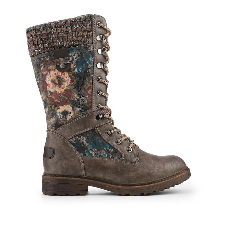 Tall Lace Up Boots With Knitted Ankle Cuff - BRK42014 / 328 328 - Grey Floral